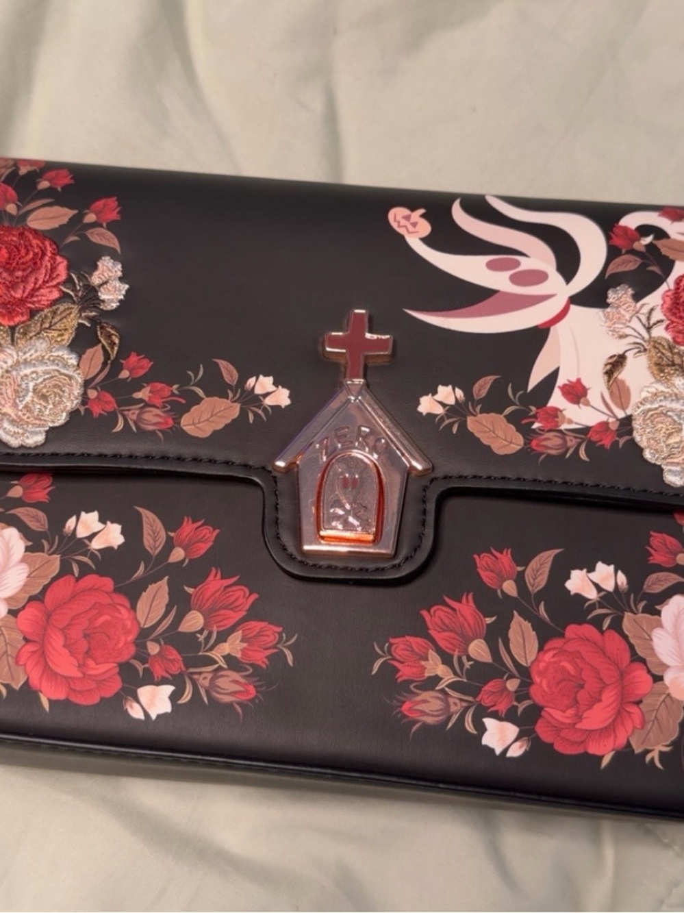 Loungefly Black Floral Clutch with Red Roses and Cream Accents